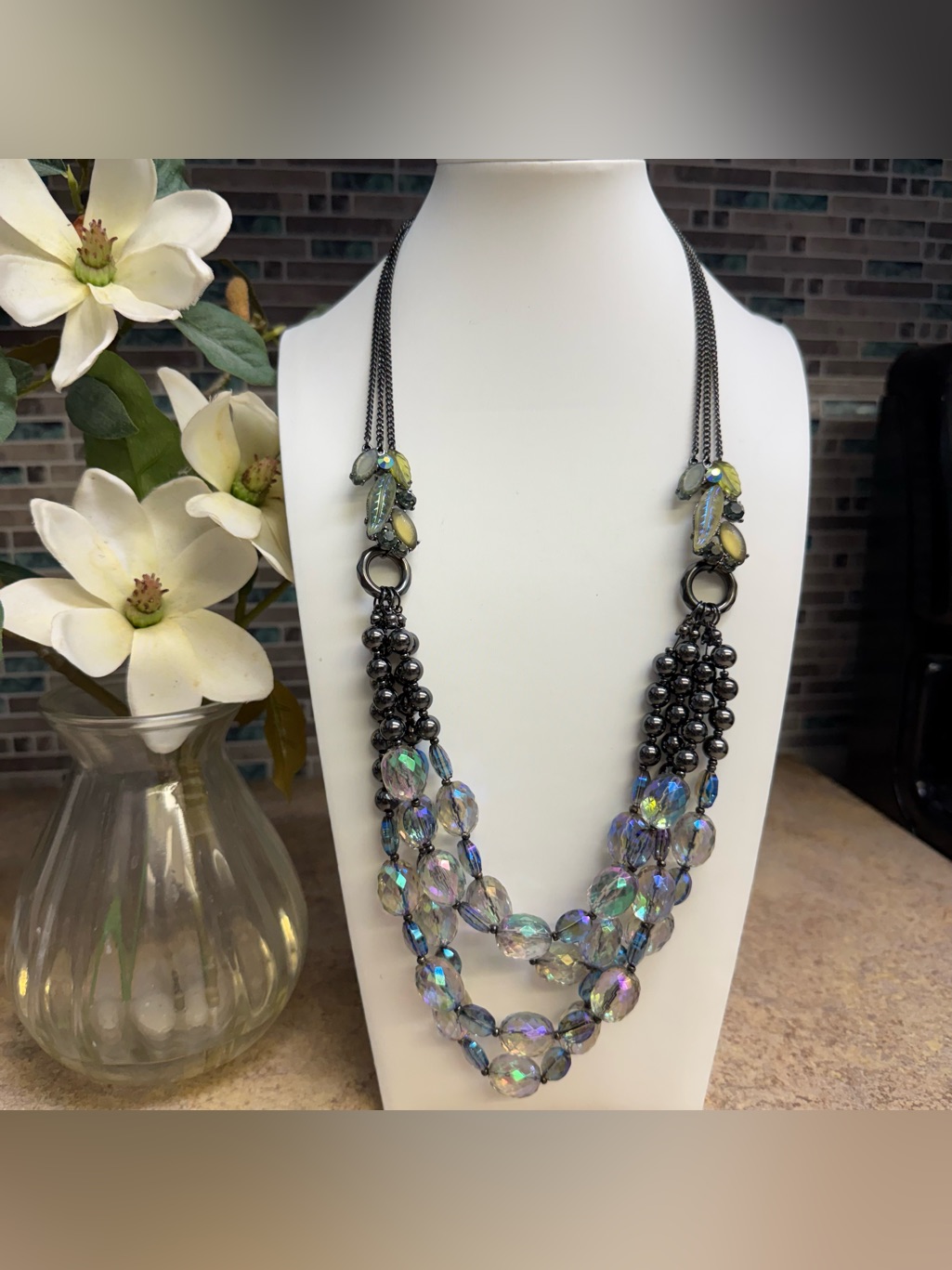 Gunmetal 3-Strand Aurora Borealis Faceted Acrylic Bead Necklace